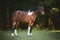 Pinto gelding horse standing in green field in paddock on forest background