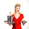 Pinup catering waiter with champagne and service tray. Restaurant serving presentation concept.