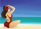 Pinup curvy brunette girl on ocean shore decorates its hair with