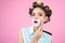 Pinup girl with fashion hair. pin up woman with makeup. morning grooming and skincare. retro woman shaving with foam and