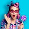 Pinup girl, purple head excited, surprised woman, red glasses