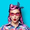 Pinup girl, purple head excited, surprised woman, red glasses