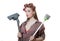 Pinup lady in curlers with hoover and broom