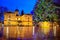 Pioneer Courthouse with christmas tree on a rainy winter night