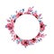 Pions pink flowers round frame with place for text. Watercolor blossom elements isolated and editable. Circle decorative