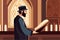 Pious jew prays in synagogue, reading torah, vector illustration, religion