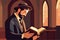 Pious jew prays in synagogue, reading torah, vector illustration, religion