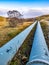 Pipeline of the Storr Lochs hydroelectric power station nestled under the mountains of the Trotternish Peninsula on the