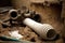 Pipes and water pipes in a trench, closeup of photo