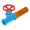 Piping part icon isometric vector. Part of new pipe with red round valve icon