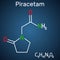 Piracetam molecule. It is nootropic drug. Structural chemical formula on the dark blue background