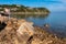 Piran - Panoramic view of idyllic coastline of Gulf of Piran, Adriatic Mediterranean Sea