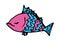 Piranha dissatisfied pink and blue. drawn in doodle style fish funny dissatisfied, with a pattern of scales zigzag line character