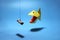 Piranha pecks on hook with bait dollar. Origami fish on blue background