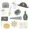 Pirate accessories flat icons collection with treasure, seagull, rum bottle, compass and more.