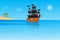 Pirate adventure. A pirate ship sails from a tropical island. Pirates party kids adventure