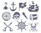 Pirate badges. Tattoo marine emblems for sailors skull and bones drawing anchor old wooden ship exact vector pirate