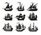 Pirate boats and Old different Wooden Ships with Fluttering Flags. Vector Set Old shipping sails traditional vessel