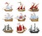 Pirate boats and Old different Wooden Ships with Fluttering Flags Vector Set Old shipping sails traditional vessel