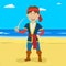 Pirate boy with sword standing at the tropical beach