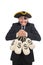 Pirate businessman holding money bags on white