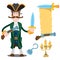 Pirate Captain. Banner from an old parchment with space for text. Various items Medieval Pirates. Drawing on themes Ganster to