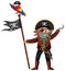 Pirate cartoon character of Captain Hook holding the Jolly Roger isolated on white background