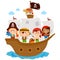 Pirate children sailing on a pirate ship in the sea. Vector illustration