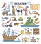 Pirate collection for kids with ocean thief lifestyle element outline concept