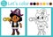 Pirate coloring page for children with pirate girl looking in telescope. Vector treasure island outline illustration. Color book