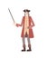 A pirate with an eye patch in a red camisole and hat. Corsair with a saber and a hook instead of a hand. Vector