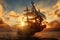 pirate galleon on the ocean at sunset