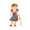 Pirate girl in bandana and striped tights holding sword, cutlass