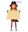 Pirate Girl with map. Pirate woman with scroll isolated on a white background. Vector illustration.