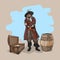 Pirate with a hat and a cutlass near the barrel and the chest of gold. Vector.