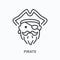 Pirate head flat line icon. Vector outline illustration of ship captain in hat with eye patch, mustache and beard