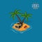 Pirate island with treasures on a blue background. Tropical isle with palms and chest. Mobile game