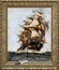 Pirate knife in a teared painting, painting of a ship sailing during storm at sea