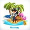 Pirate. Little boy and funny animals. Tropical island and treasure chest, vector icon