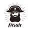 Pirate logo or label. Portrait of bearded one-eyed filibuster in hat. Vector illustration