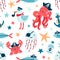 Pirate marine animals flat vector seamless pattern. Childish cute backdrop. Underwater world inhabitants. Seagull