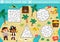 Pirate maze for kids. Treasure hunt preschool printable activity with cute kids gathering treasures. Sea adventures geometrical