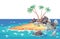Pirate ocean island in cartoon style. Palm trees on uninhabited sea island. Tropical landscape with sandy beach and