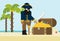 Pirate and open treasure chest and pirates stuff on a desert island flat design