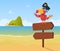 Pirate parrot. Funny colored bird arara sitting on wood sign direction vector background illustration in cartoon style