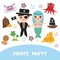 Pirate party card banner design. Mermaid with pirate, boat with sail, gold coins crab octopus starfish island with palm trees anch