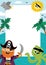 Pirate party greeting card template with cute captain, marine landscape and palm trees. Treasure island vertical poster or