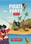 Pirate party. Performance event for kids with funny pirate costumes swanky vector flyer templates