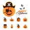 Pirate pumpkin and bundle of halloween pumpkins flat style icons