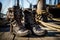 Pirate\\\'s Worn Leather Boots on Ship Deck